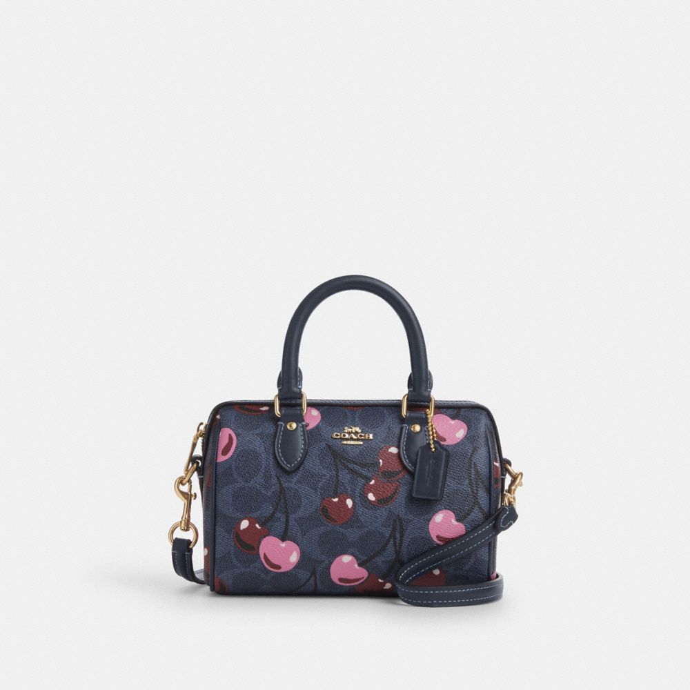 COACH CY741 Mini Rowan Crossbody Bag In Signature Canvas With Cherry Print GOLD/DENIM MULTI