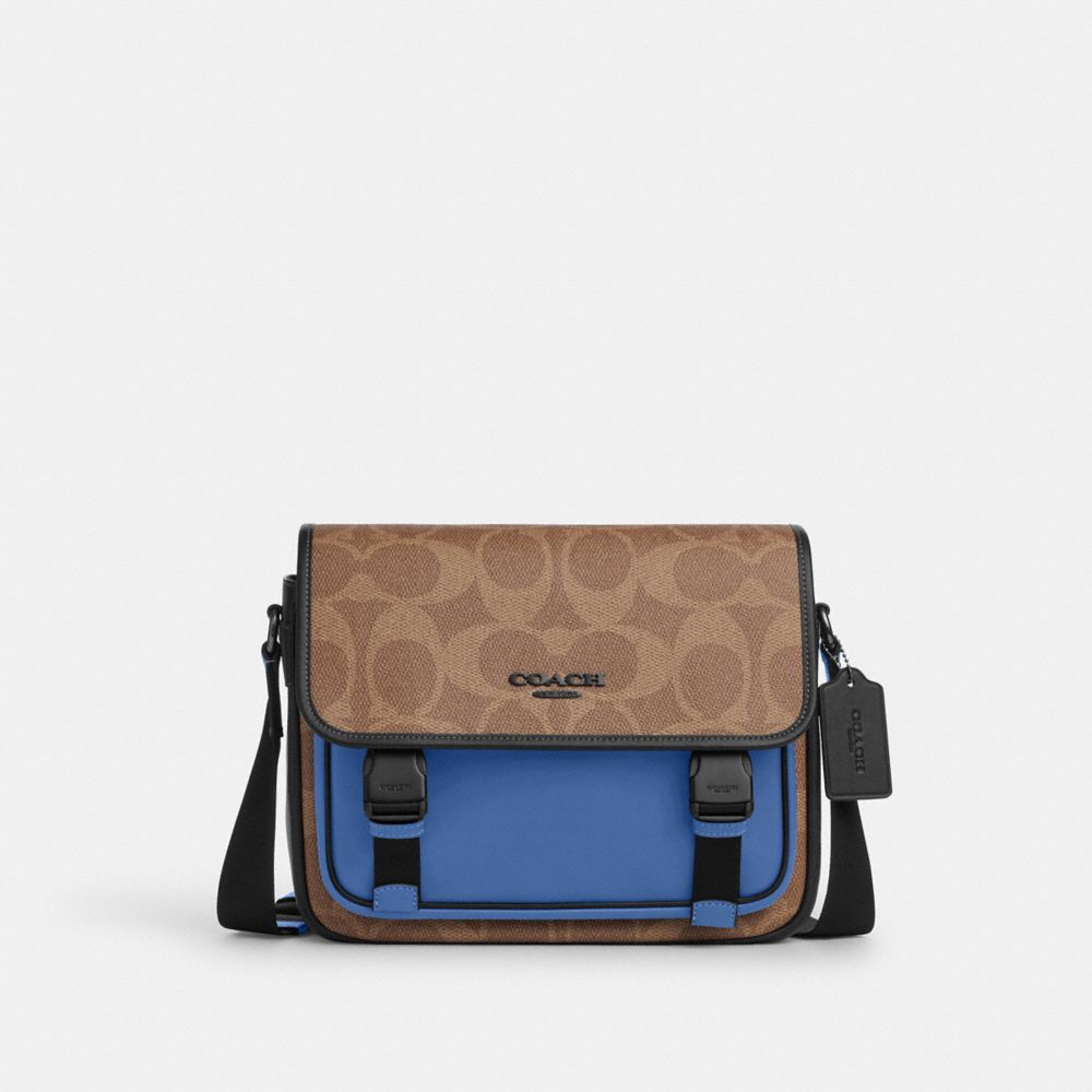 COACH&reg;,Racer Messenger Bag In Blocked Signature Canvas,Calfskin Leather,Canvas,Messenger Bag,Piping,Metal,Adjustable,Casual,1 J/Tan/Pacific Bright Mineral