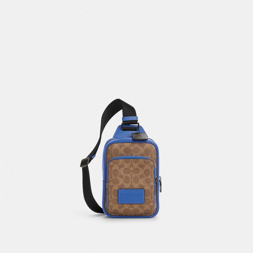 COACH CY912 Racer Sling Pack In Colorblock Signature Canvas QB/TAN/PACIFIC BRIGHT MINERAL