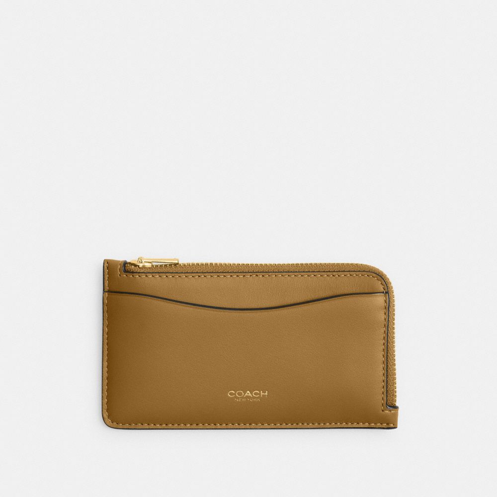 COACH&reg;,New York Zip Card Case,Calfskin Leather,Card Case,Logo,Word Embellishment,Casual,Brass/Muted Olive