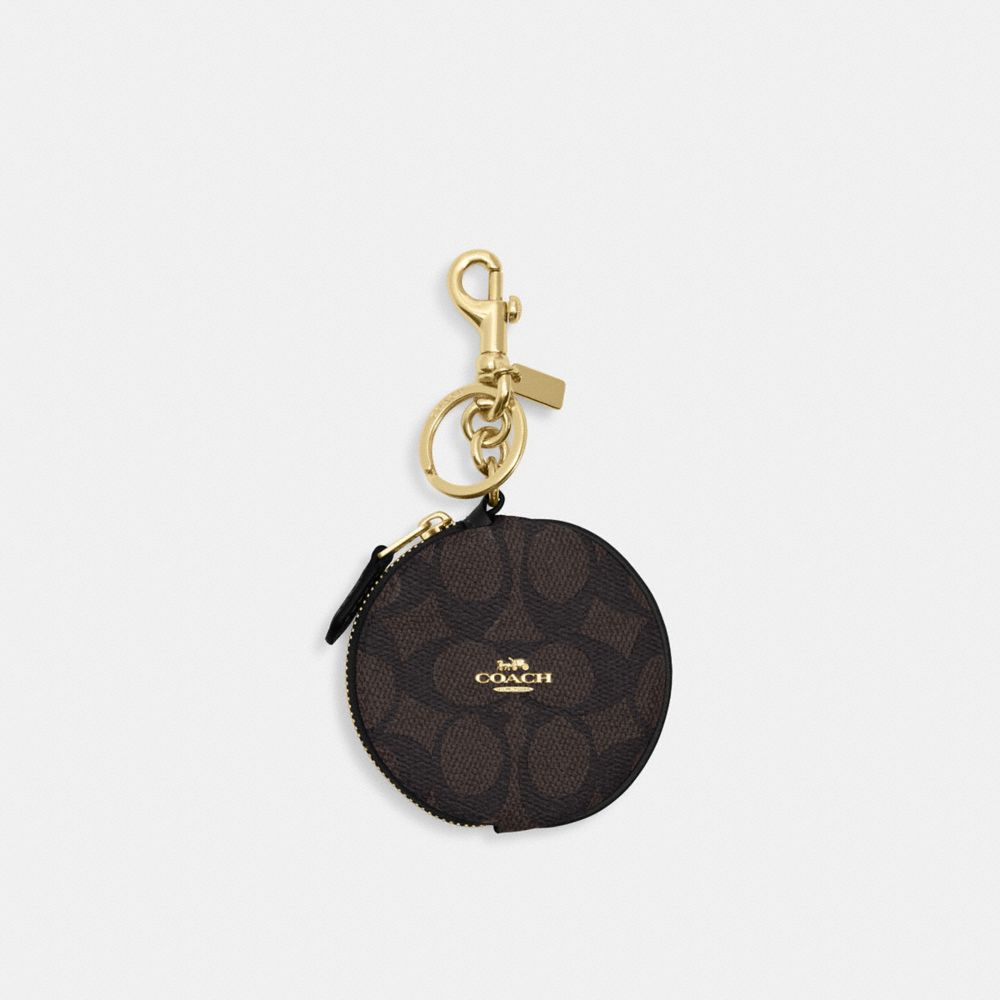 COACH CZ208 Circular Coin Pouch In Signature Canvas GOLD/WALNUT/BLACK