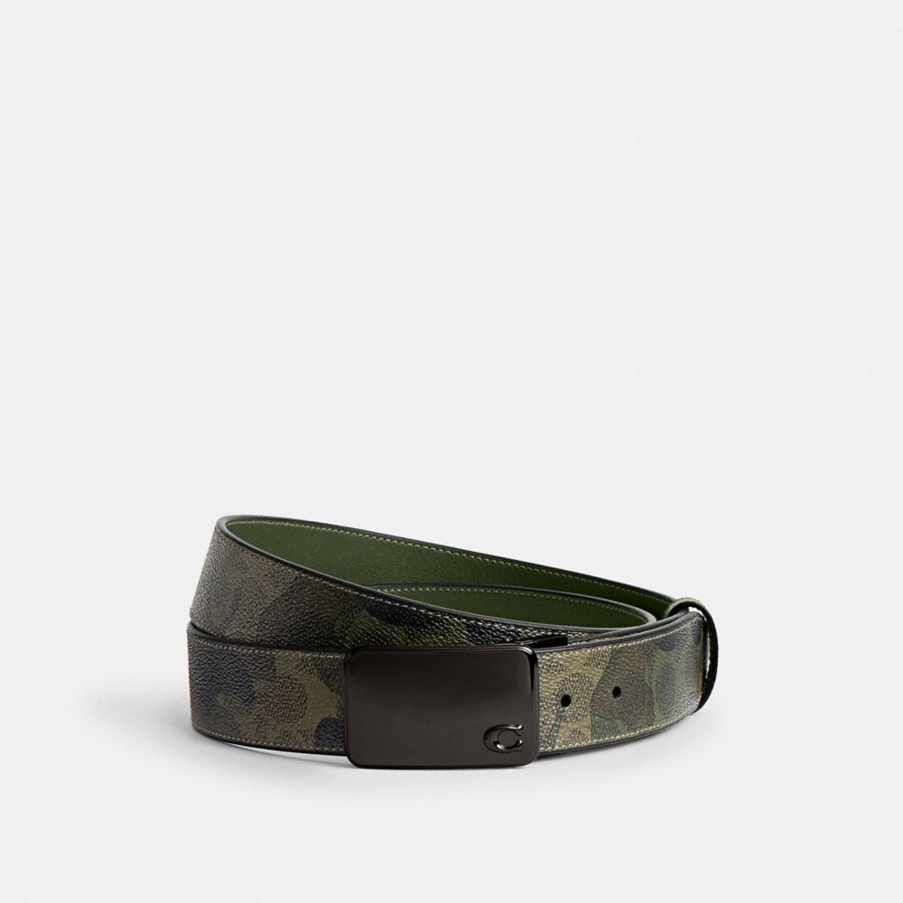 COACH&reg;,Signature Plaque Buckle Cut To Size Reversible Belt With Signature Camo Print, 38 Mm,Leather,Canvas,Standard,Logo,M...,Multi Color,Front View