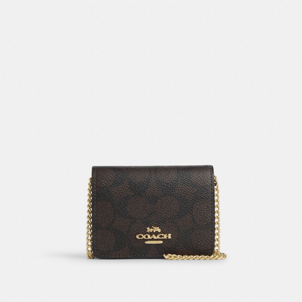 COACH CZ278 Mini Wallet On A Chain In Signature Canvas GOLD/WALNUT/BLACK