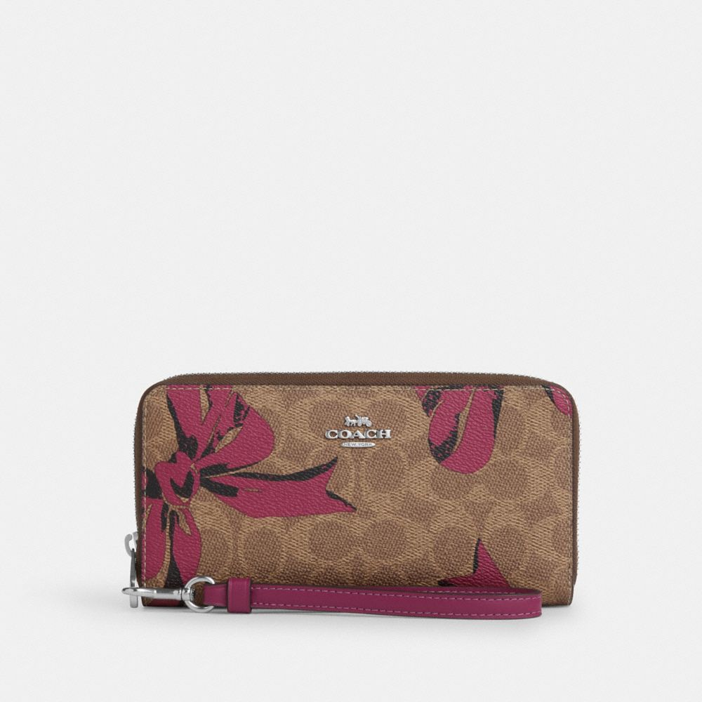 COACH CZ326 Long Zip Around Wallet In Signature Canvas With Bow Print SILVER/TAN/PINK MULTI