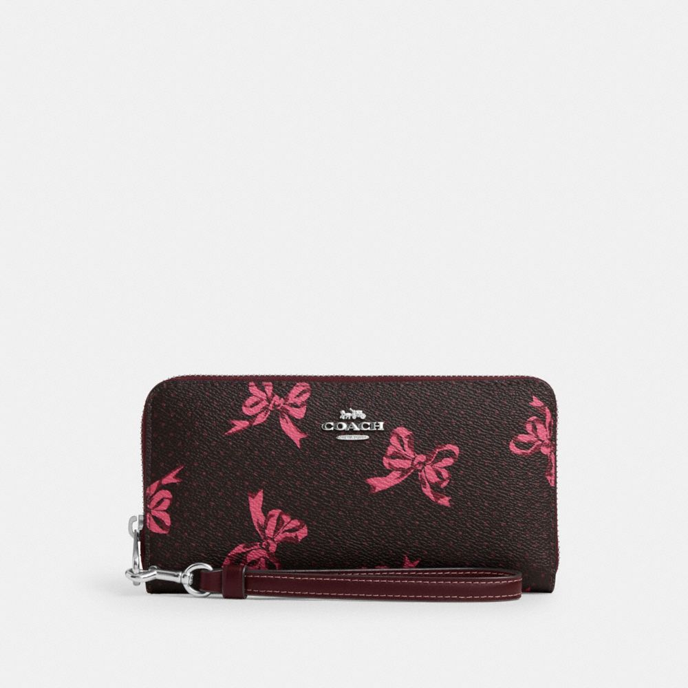 COACH CZ327 Long Zip Around Wallet With Bow Print SILVER/MERLOT MULTI