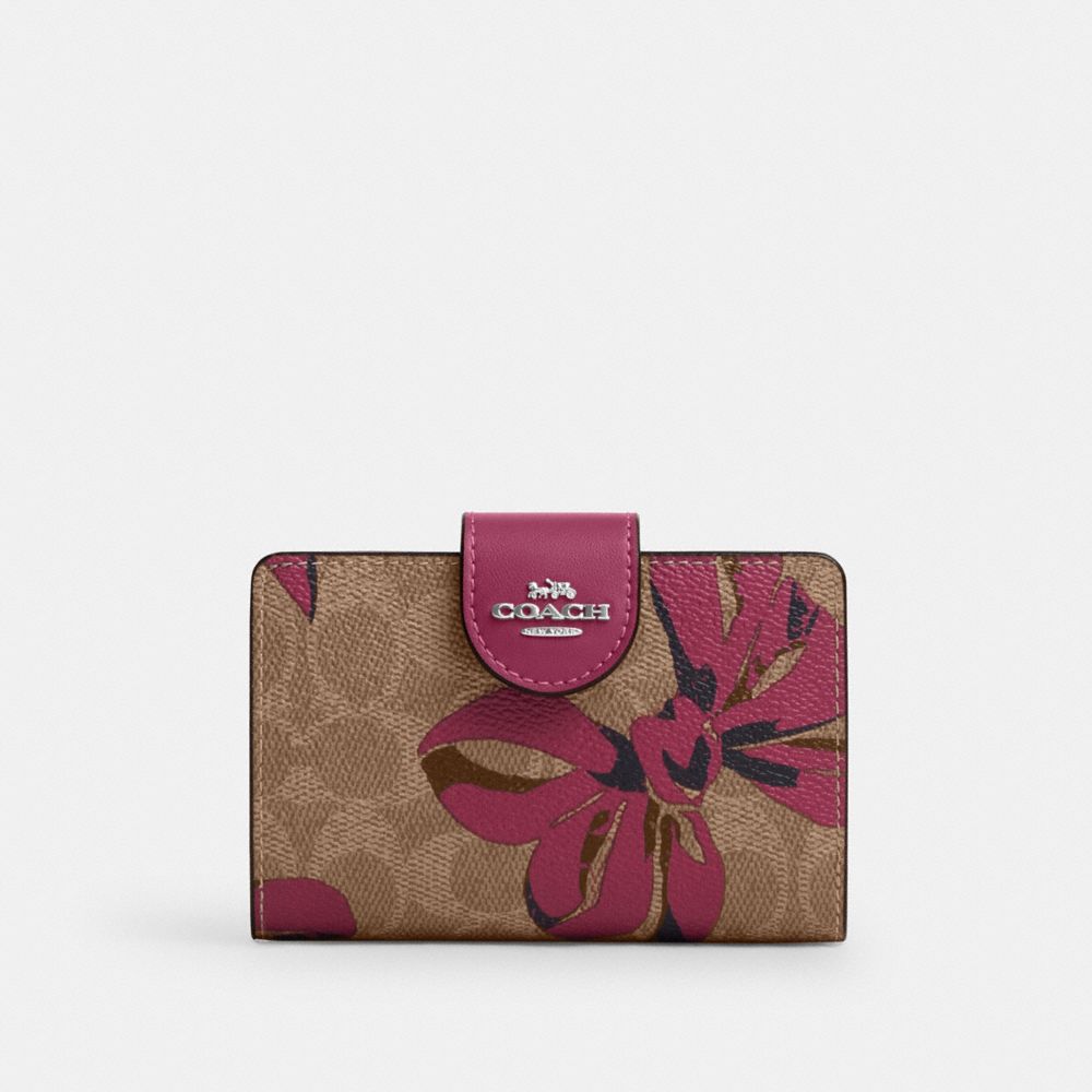 COACH CZ340 Medium Corner Zip Wallet In Signature Canvas With Bow Print SILVER/TAN/PINK MULTI