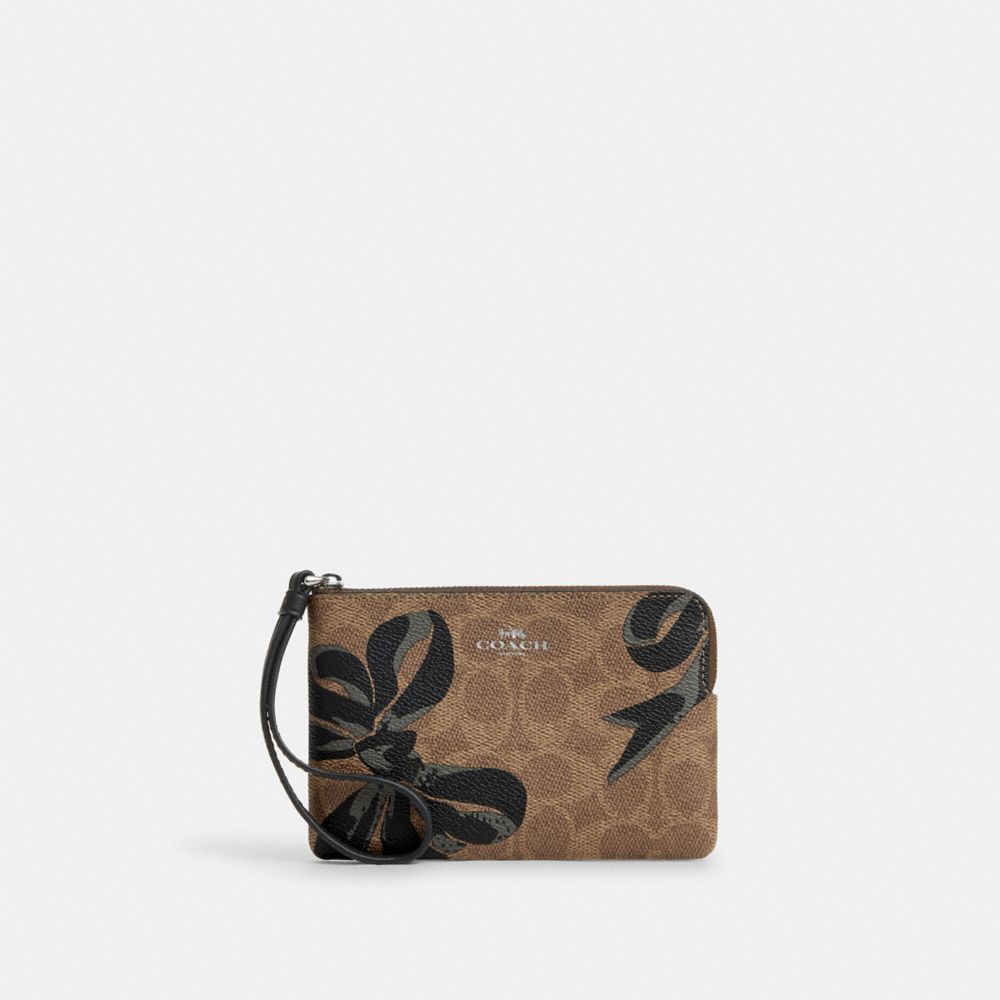 Corner Zip Wristlet In Signature Canvas With Bow Print - CZ440 - Silver/Tan/Black Multi