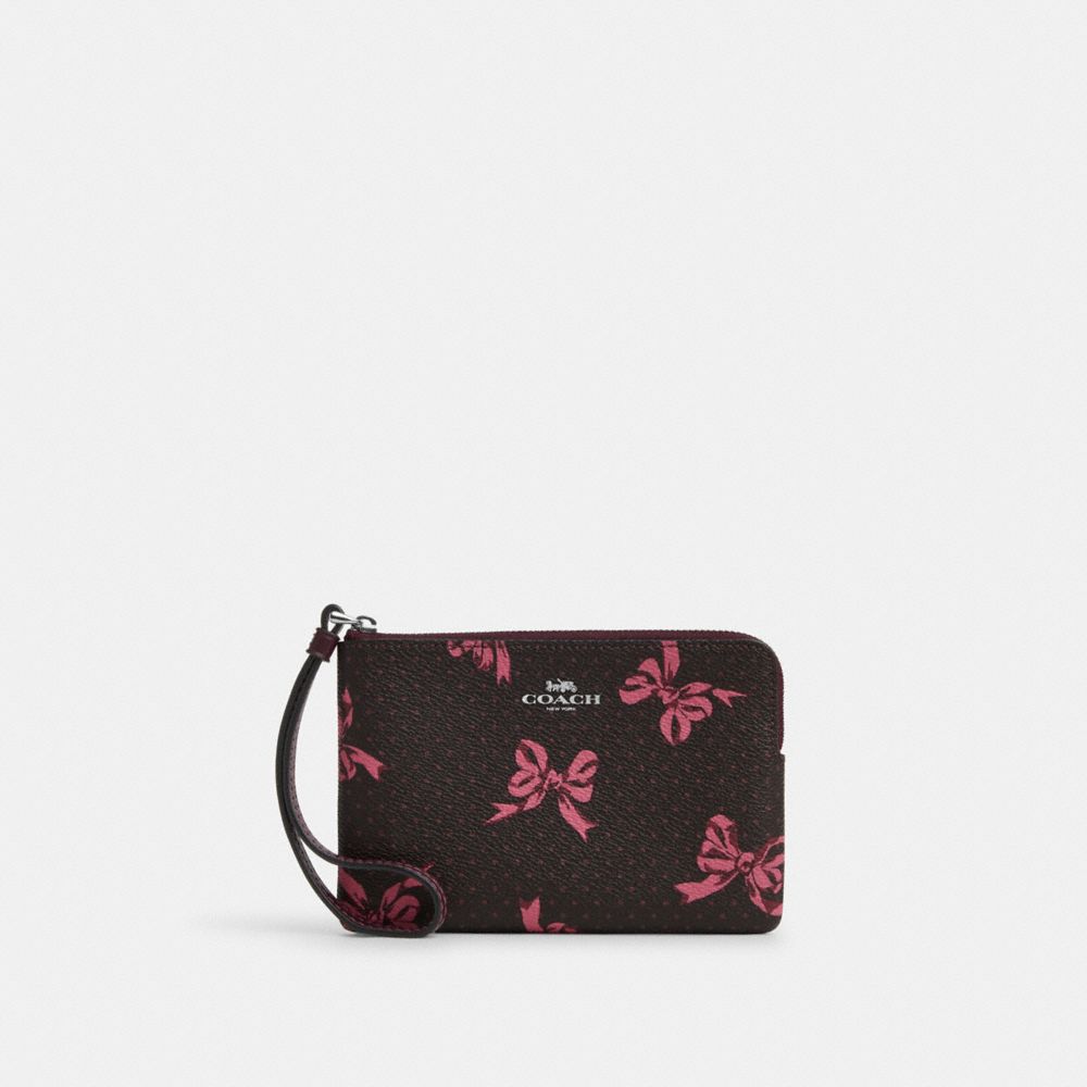 Corner Zip Wristlet With Bow Print - CZ441 - Silver/Merlot Multi