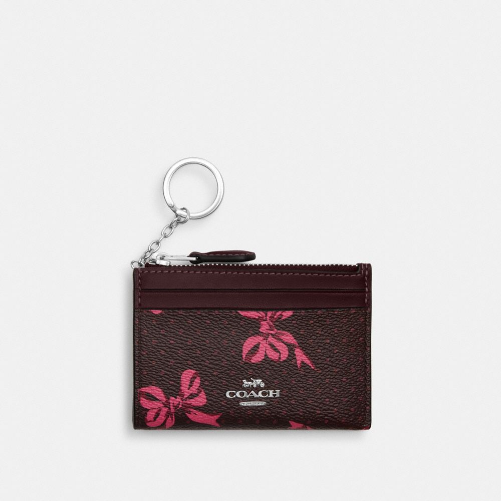 COACH CZ460 Mini Skinny Id Case With Bow Print SILVER/MERLOT MULTI