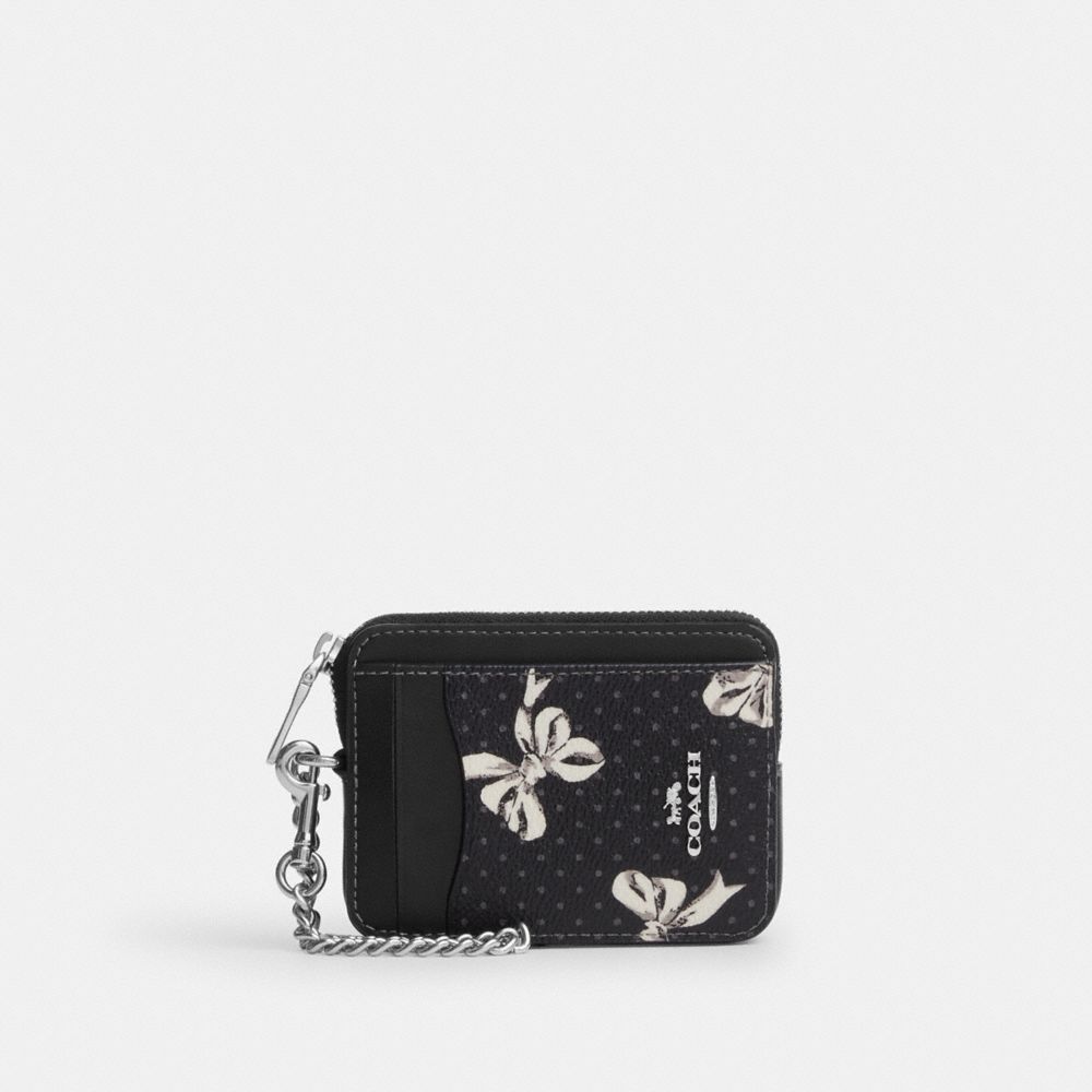 COACH CZ466 Zip Card Case With Bow Print SILVER/BLACK MULTI