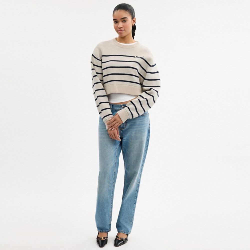 CURSIVE SIGNATURE STRIPED CROPPED SWEATER