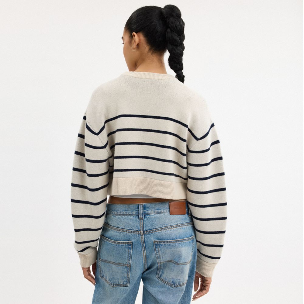 CURSIVE SIGNATURE STRIPED CROPPED SWEATER