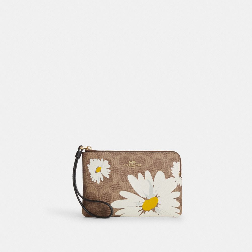 COACH CZ604 Corner Zip Wristlet In Signature Canvas With Floral Print GOLD/TAN MULTI