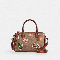 Rowan Satchel Bag In Signature Canvas With Sticker Print - CZ612 - Gold/Tan Multi