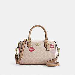 Rowan Satchel Bag In Signature Canvas With Lips Print - CZ934 - Gold/Sand Multi