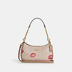 Teri Shoulder Bag In Signature Canvas With Lips Print - CZ938 - Gold/Sand Multi