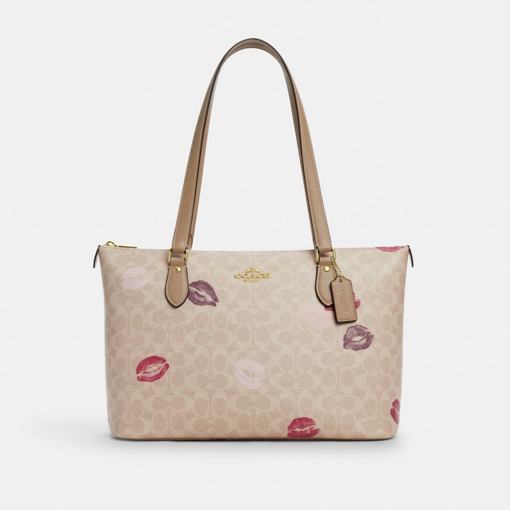 COACH CZ940 Gallery Tote Bag In Signature Canvas With Lips Print GOLD/SAND MULTI