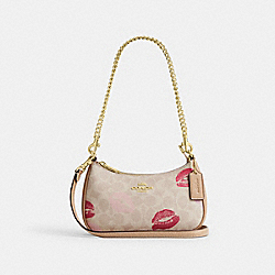 Teri Mini Crossbody Bag In Signature Canvas With Lips Print - CZ943 - Gold/Sand Multi