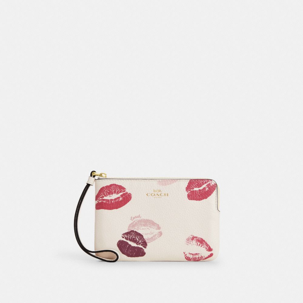 Corner Zip Wristlet With Lips Print - CZ949 - Gold/Chalk Multi