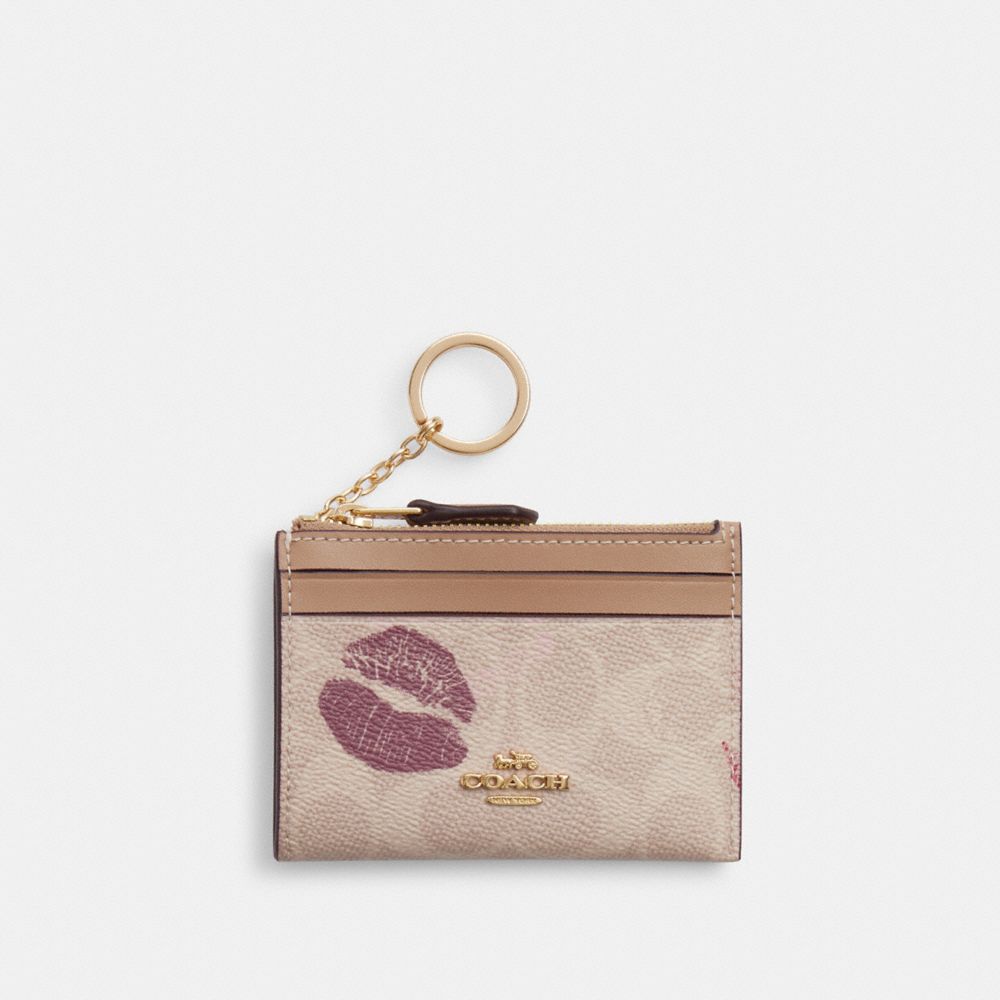 COACH CZ953 Mini Id Skinny Case In Signature Canvas With Lips Print GOLD/SAND MULTI