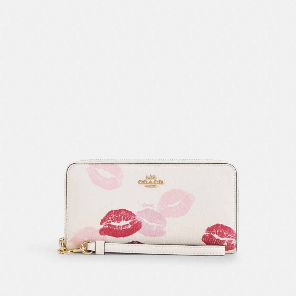COACH CZ956 Long Zip Around Wallet With Lips Print GOLD/CHALK MULTI