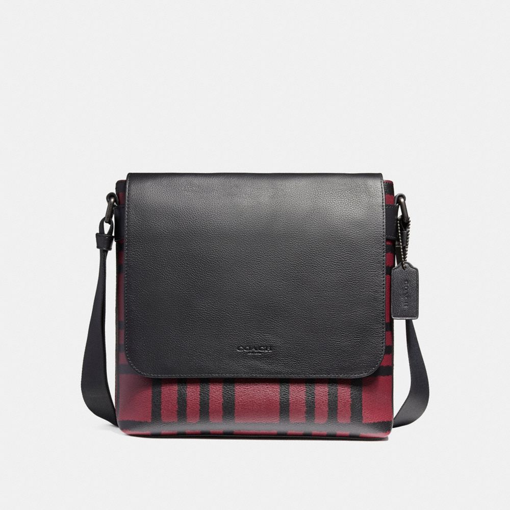 COACH CHARLES SMALL MESSENGER WITH WILD PLAID PRINT - BLACK ANTIQUE NICKEL/CRIMSON/BLACK PLAID - f11186