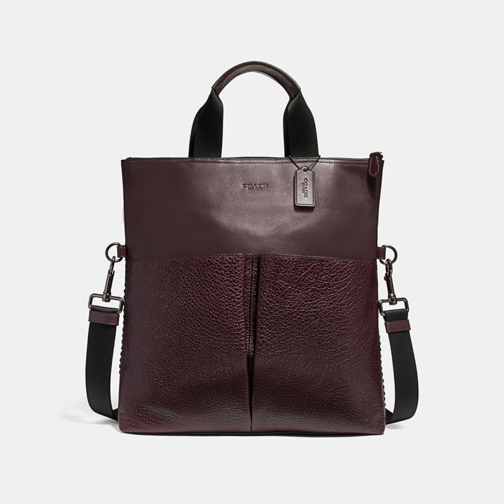 CHARLES FOLDOVER TOTE WITH BASEBALL STITCH - f11241 - BLACK ANTIQUE NICKEL/OXBLOOD