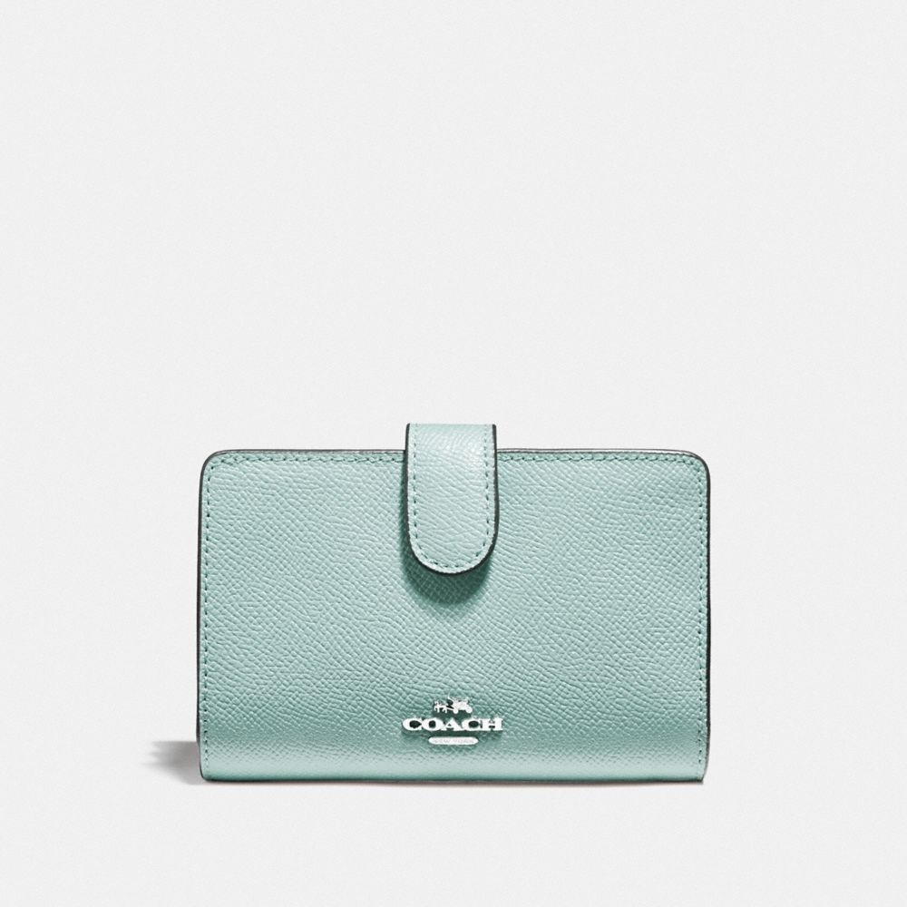 COACH f11484 MEDIUM CORNER ZIP WALLET SILVER/SEA GREEN