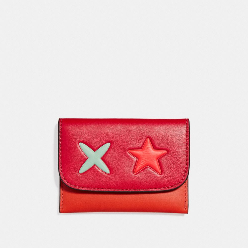 STAR CARD POUCH IN SMOOTH LEATHER - f11721 - SILVER/CARMINE MULTI