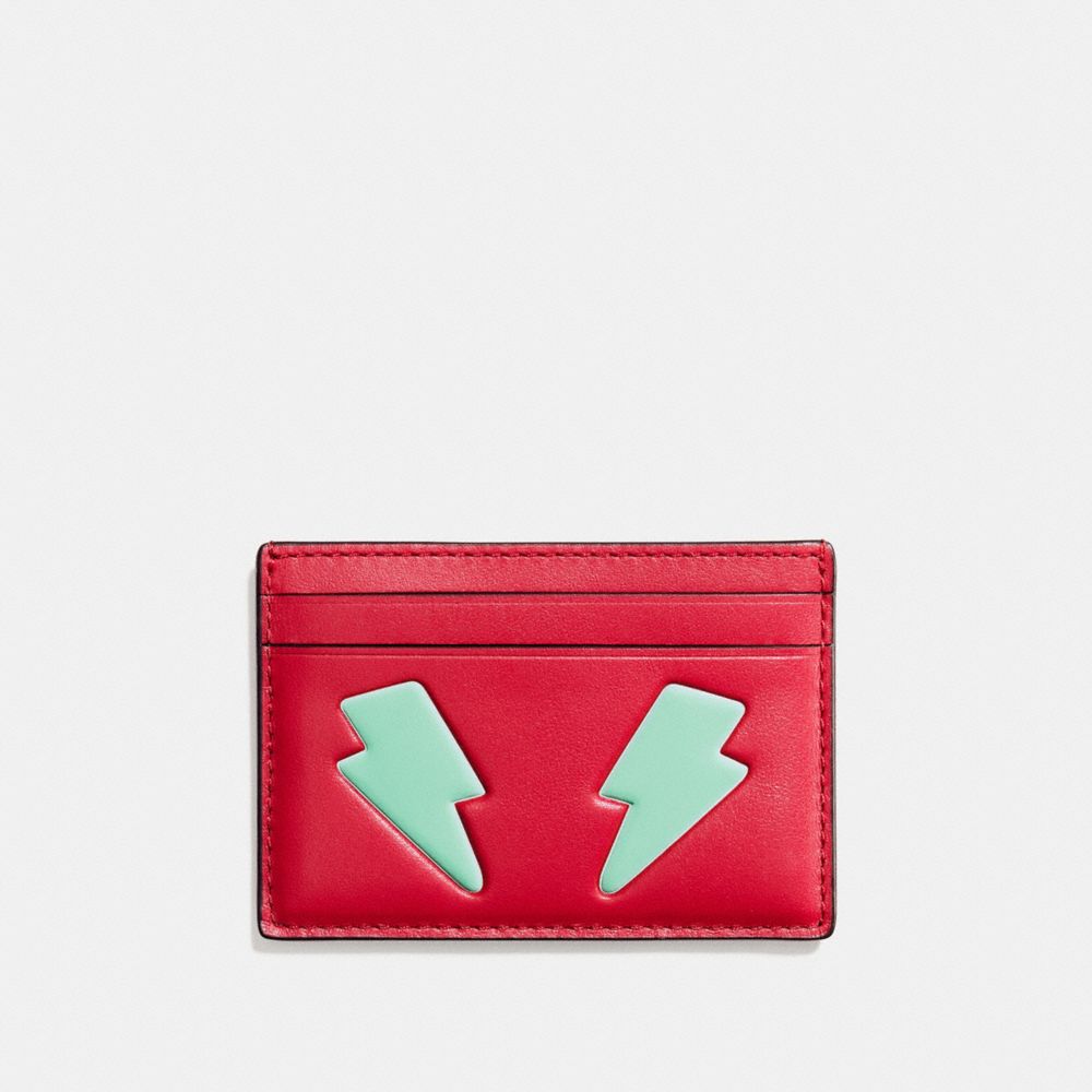 COACH f11725 FLAT CARD CASE IN REFINED CALF LEATHER WITH LIGHTNING BOLT SILVER/TRUE RED MULTI