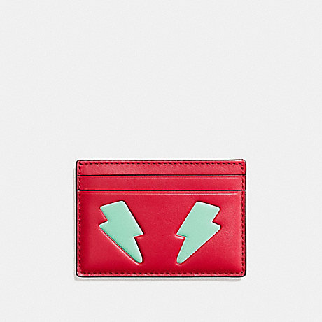 COACH F11725 FLAT CARD CASE IN REFINED CALF LEATHER WITH LIGHTNING BOLT SILVER/TRUE-RED-MULTI
