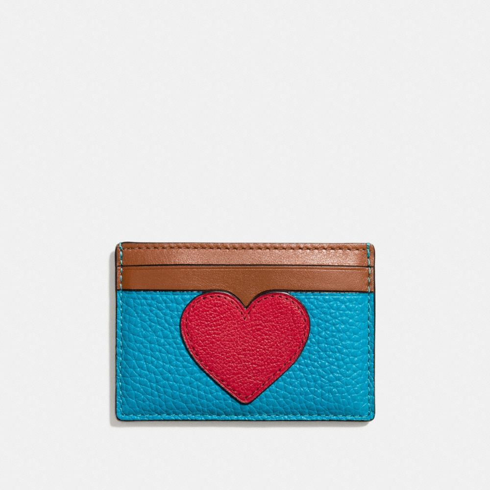 FLAT CARD CASE IN PEBBLE LEATHER WITH HEART - f11726 - SILVER/TRUE RED MULTI