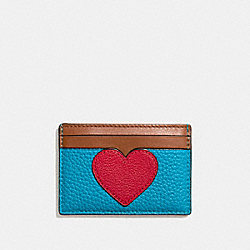 FLAT CARD CASE IN PEBBLE LEATHER WITH HEART - COACH f11726 - SILVER/TRUE RED MULTI