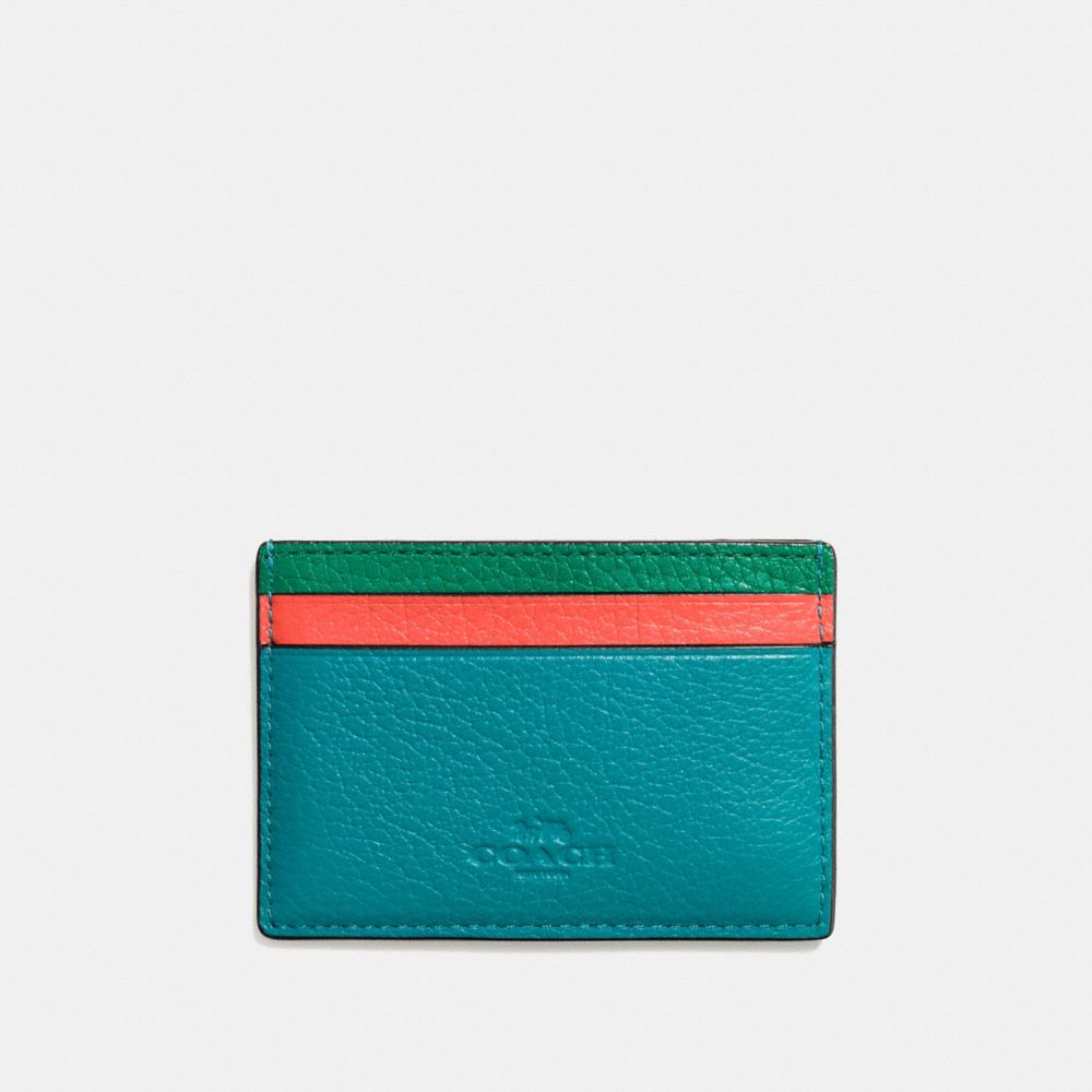 COACH FLAT CARD CASE IN GRAIN LEATHER WITH RAINBOW - SILVER/BLUE MULTI - f11739