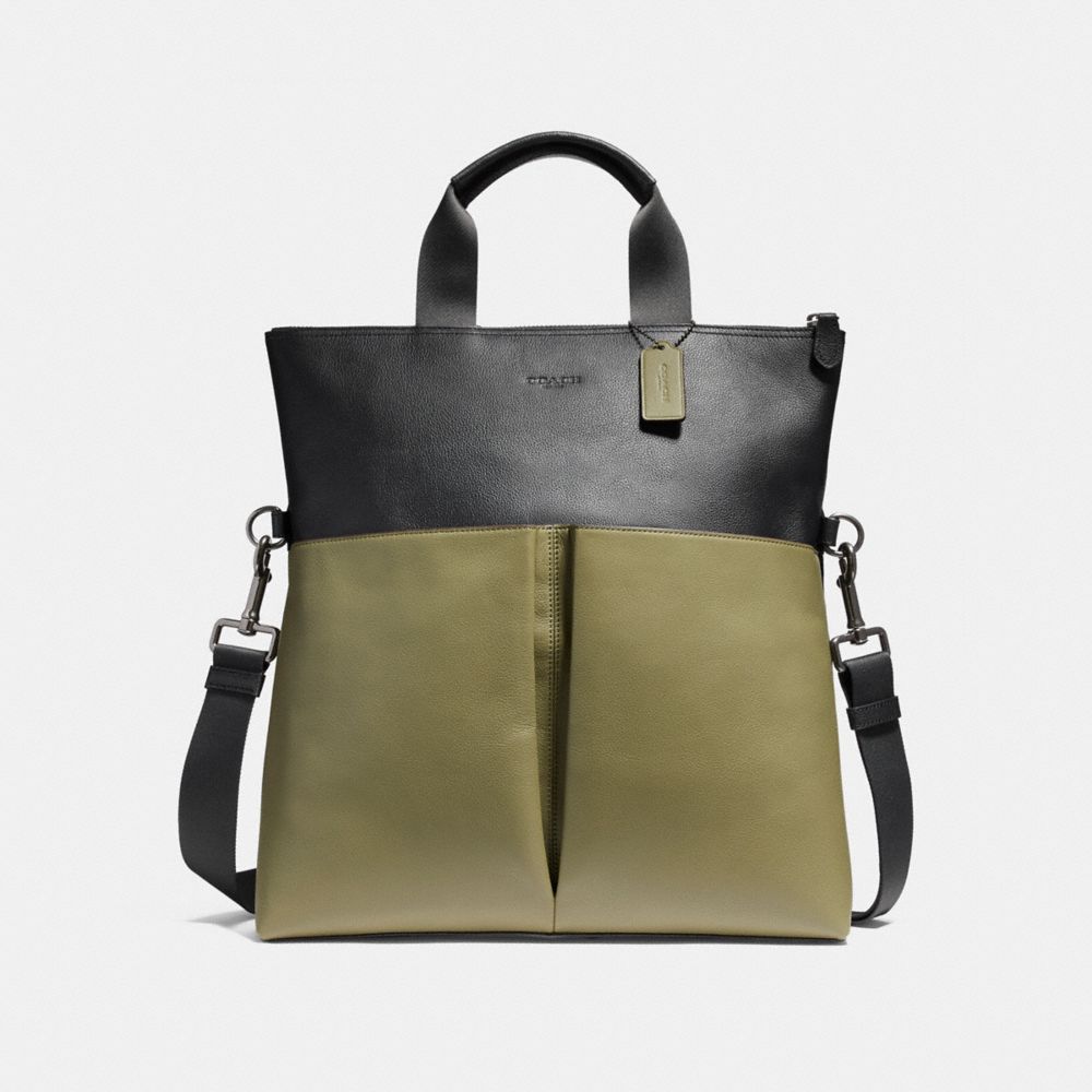 COACH f11740 CHARLES FOLDOVER TOTE IN COLORBLOCK LEATHER BLACK ANTIQUE NICKEL/BLACK/MILITARY GREEN