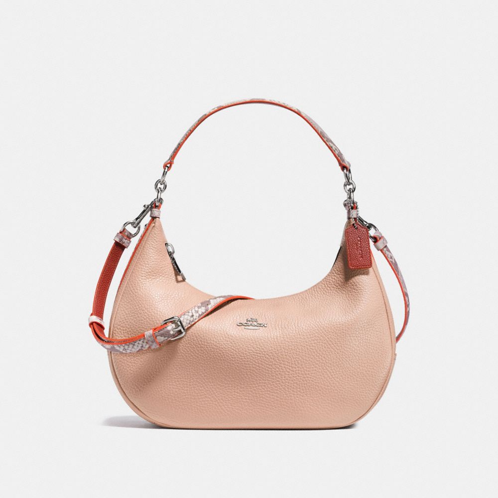 COACH EAST/WEST HARLEY HOBO IN POLISHED PEBBLE LEATHER WITH PYTHON EMBOSSED LEATHER TRIM - SILVER/NUDE PINK MULTI - F11752