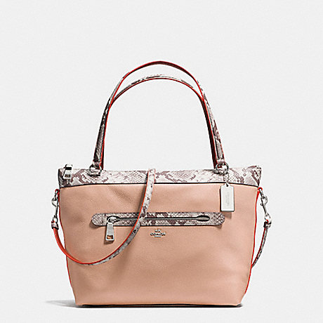 COACH F11759 TYLER TOTE IN POLISHED PEBBLE LEATHER WITH PYTHON-EMBOSSED LEATHER TRIM SILVER/NUDE-PINK-MULTI