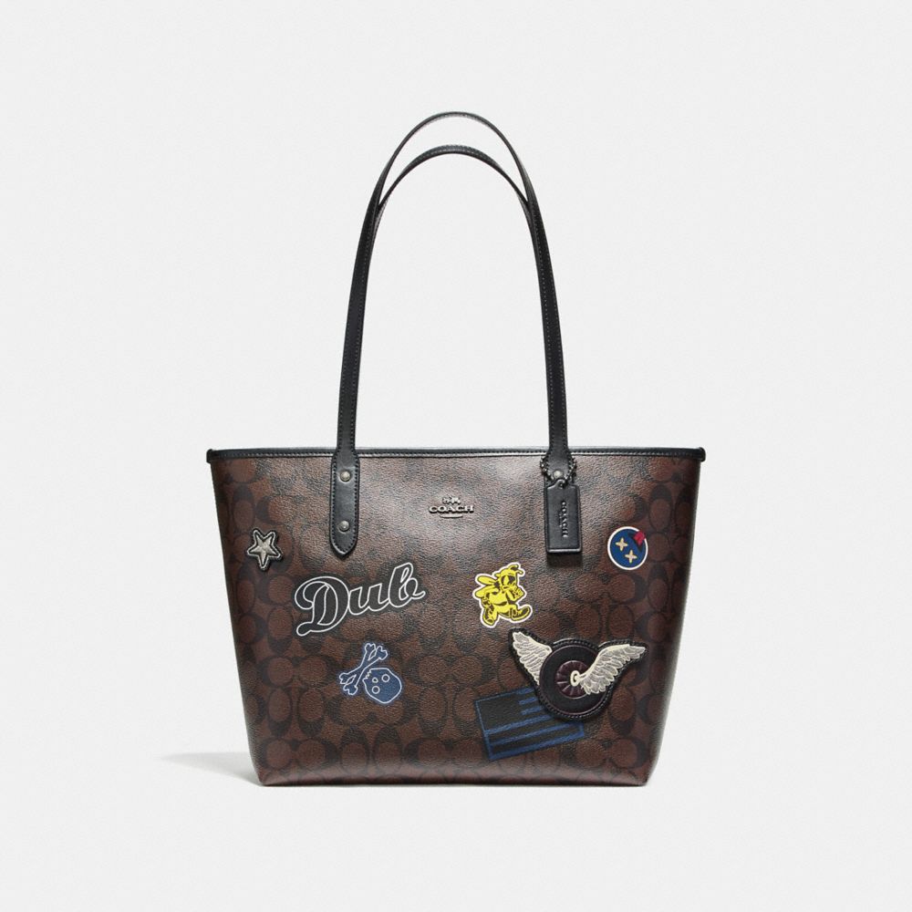 COACH F11800 City Zip Tote In Signature Coated Canvas With Varsity Patches BLACK ANTIQUE NICKEL/BROWN