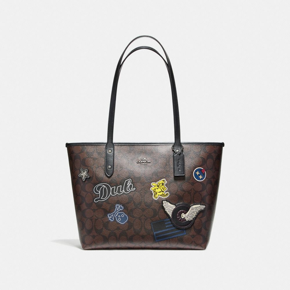 CITY ZIP TOTE IN SIGNATURE COATED CANVAS WITH VARSITY PATCHES -  COACH f11800 - BLACK ANTIQUE NICKEL/BROWN