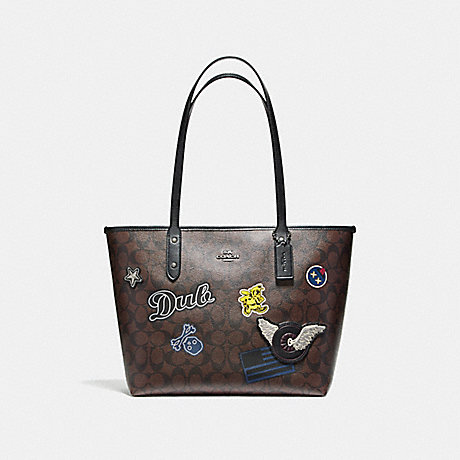 COACH f11800 CITY ZIP TOTE IN SIGNATURE COATED CANVAS WITH VARSITY PATCHES BLACK ANTIQUE NICKEL/BROWN