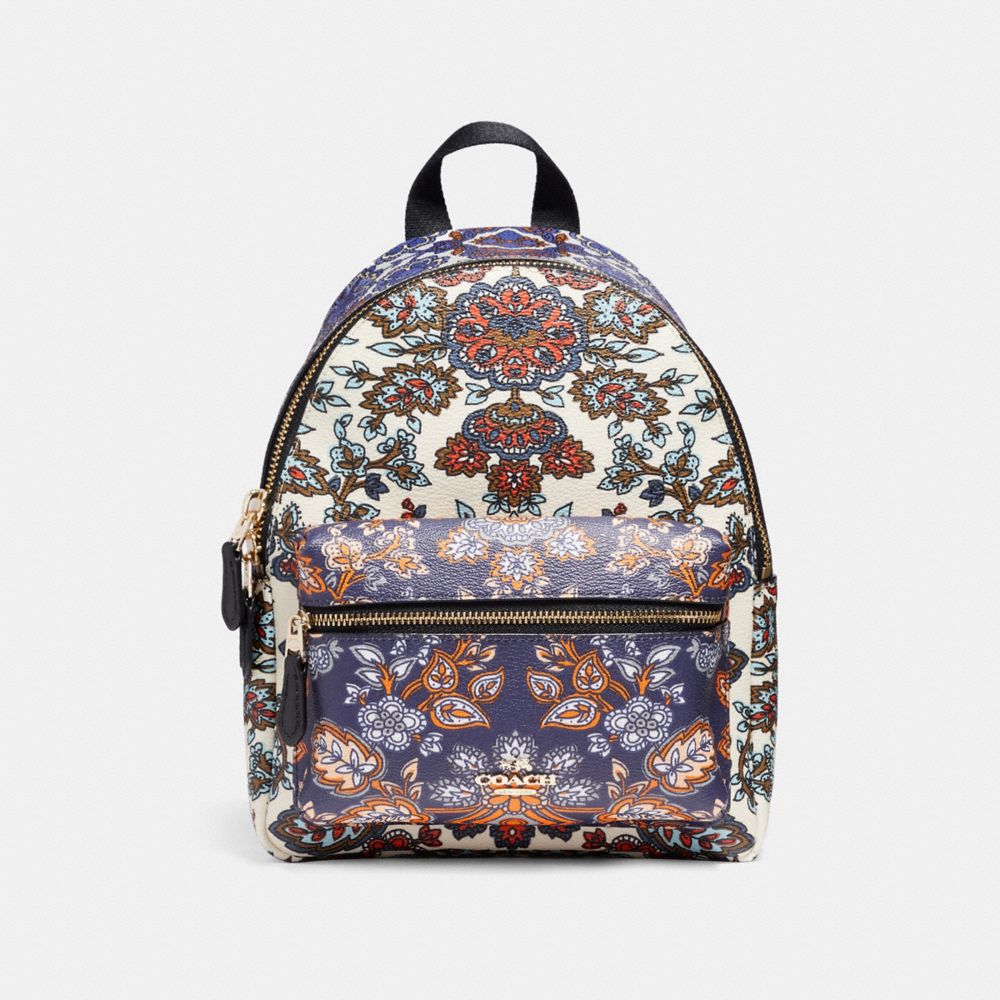 COACH F11809 Mini Charlie Backpack In Forest Flower Print Mix Coated Canvas LIGHT GOLD/MULTICOLOR