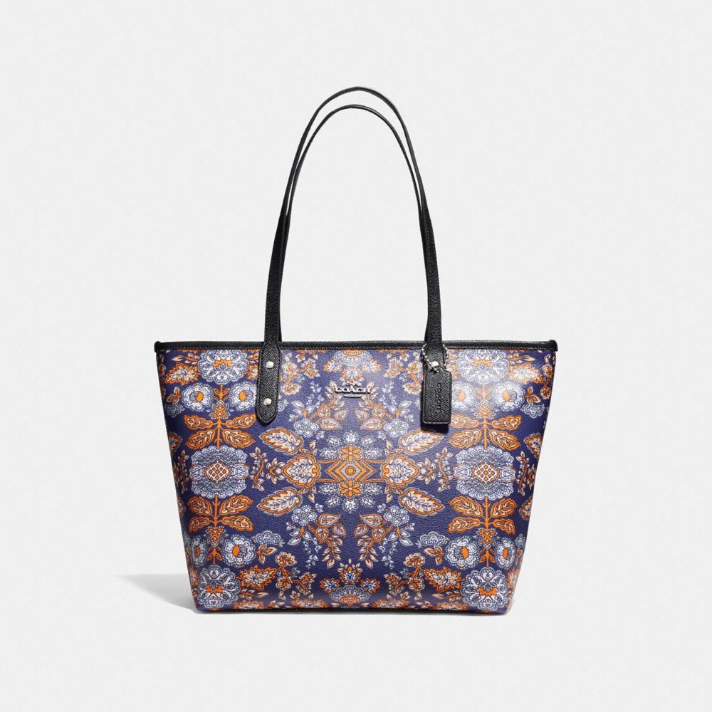 COACH F11823 City Zip Tote In Forest Flower Print Coated Canvas SILVER/BLUE