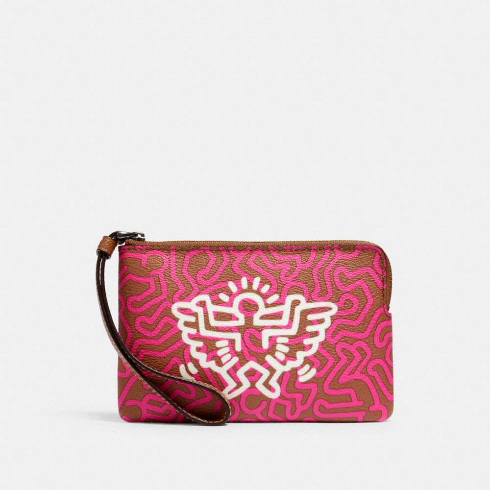 COACH F11831 Keith Haring Corner Zip Wristlet With Graphic Print QB/BRIGHT FUCHSIA SADDLE