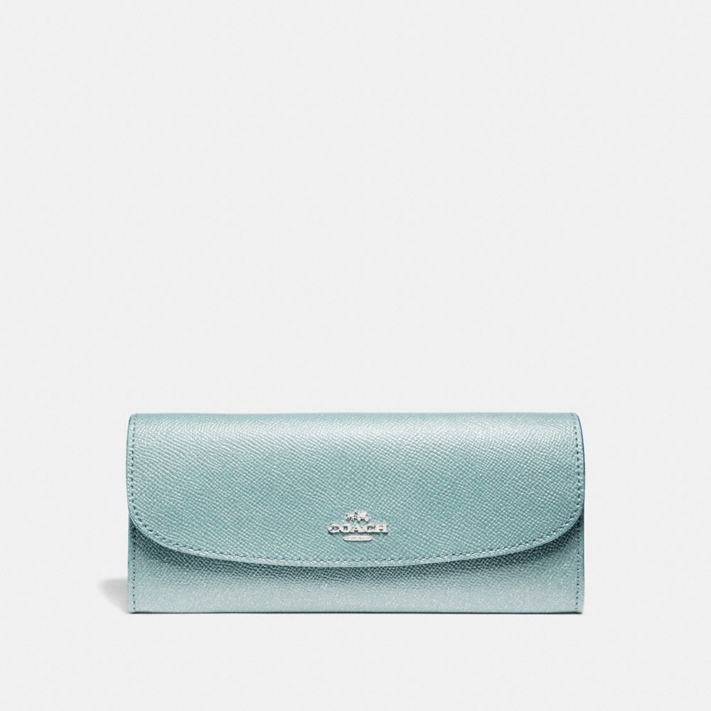 COACH f11835 SOFT WALLET IN GLITTER CROSSGRAIN LEATHER SILVER/AQUA