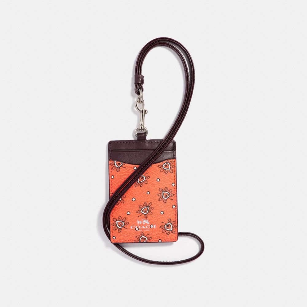 COACH F11850 Id Lanyard In Forest Bud Print Coated Canvas SILVER/CORAL MULTI