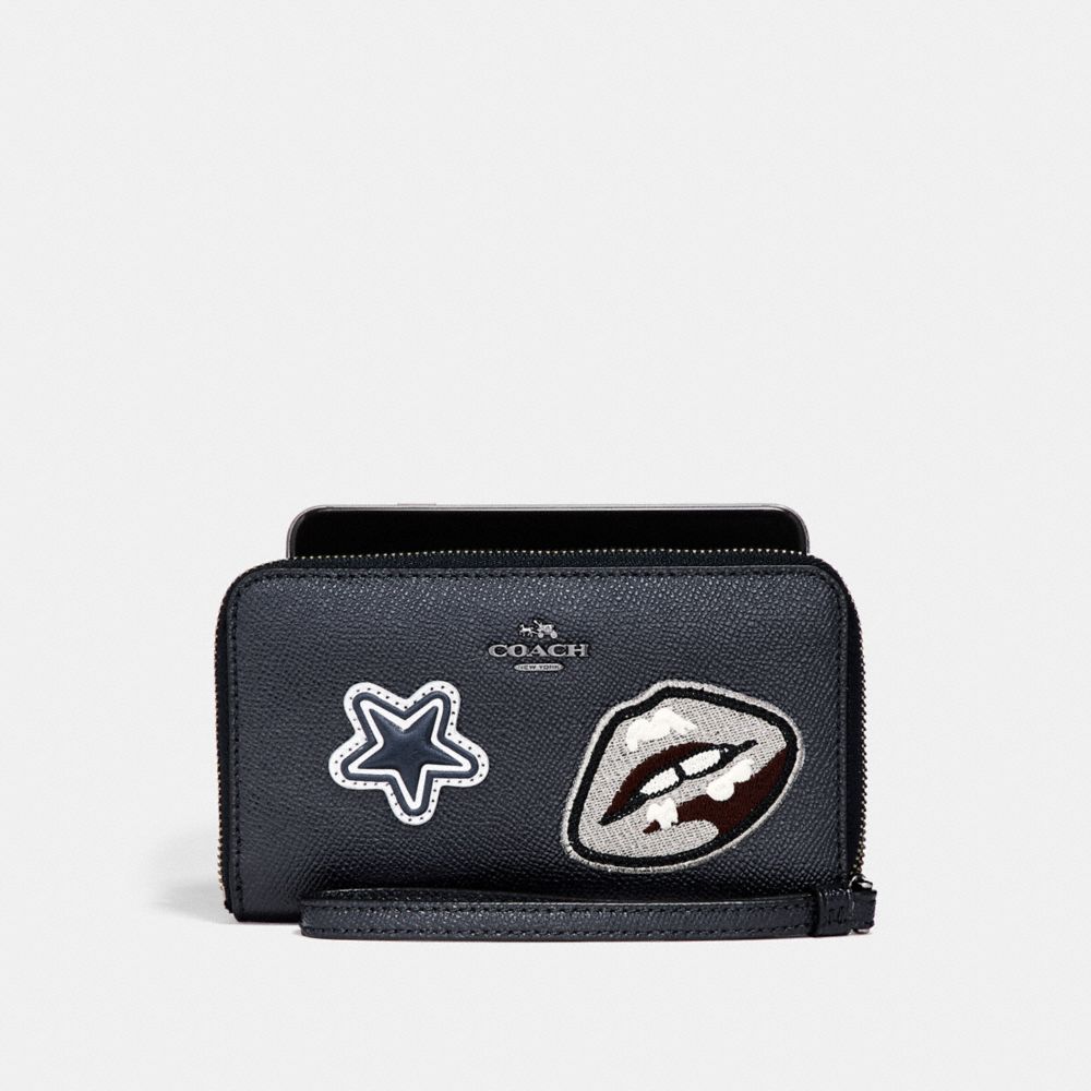 COACH f11853 PHONE WALLET IN CROSSGRAIN LEATHER WITH VARSITY PATCHES ANTIQUE NICKEL/MIDNIGHT