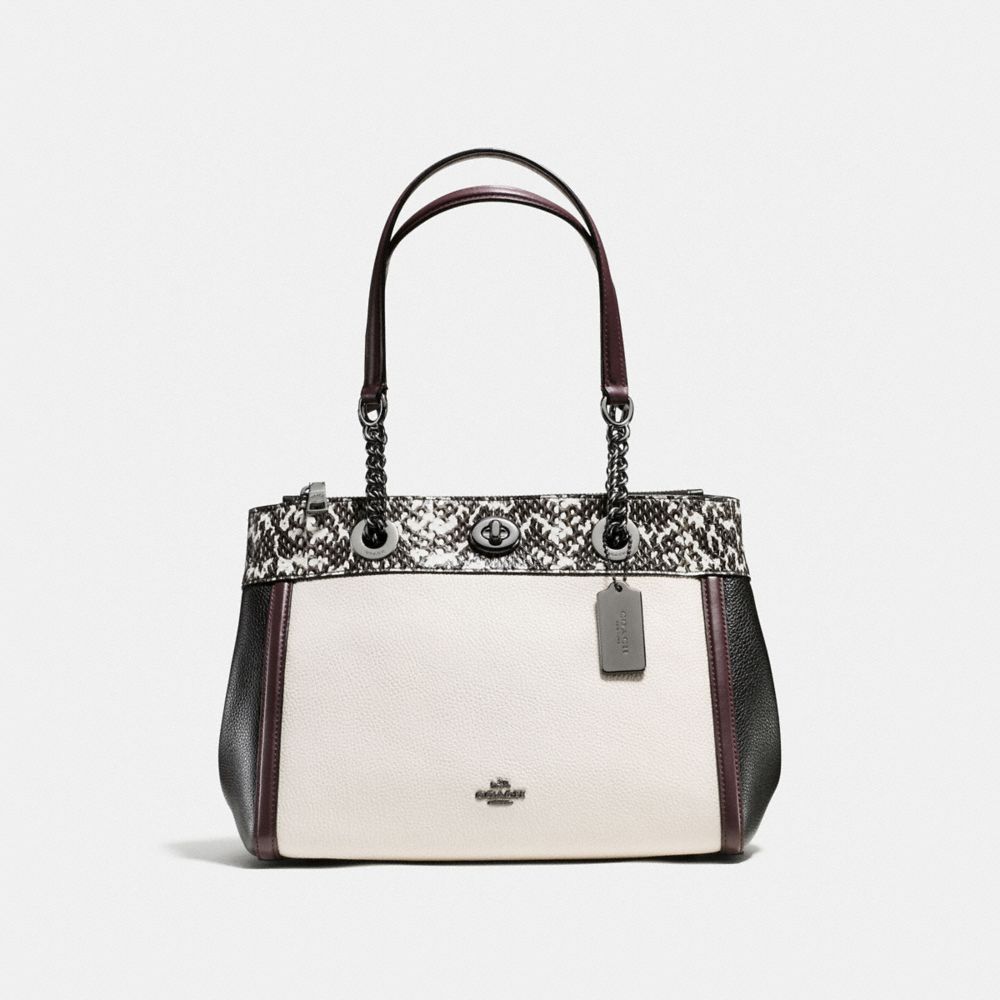 TURNLOCK EDIE CARRYALL IN COLORBLOCK WITH SNAKESKIN DETAIL -  COACH f11874 - CHALK/DARK GUNMETAL