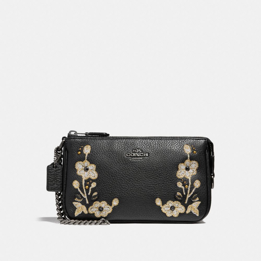 LARGE WRISTLET 19 IN NATURAL REFINED LEATHER WITH FLORAL EMBROIDERY - f11882 - ANTIQUE NICKEL/BLACK