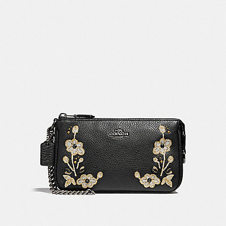 COACH LARGE WRISTLET 19 IN NATURAL REFINED LEATHER WITH FLORAL EMBROIDERY - ANTIQUE NICKEL/BLACK - f11882