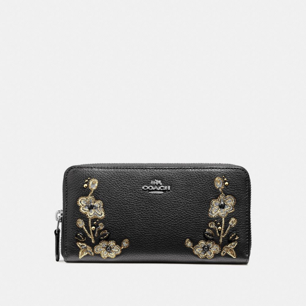 COACH F11885 Accordion Zip Wallet In Refined Natural Pebble Leather With Floral Embroidery ANTIQUE NICKEL/BLACK